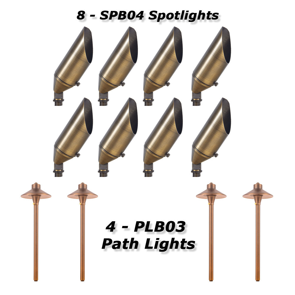 8 SPB04 Brass Spotlights 4 PLB03 Brass Path Lights Package Deal