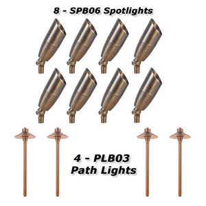 8 SPB06 Brass Spotlights 4 PLB03 Brass Path Lights Package Deal